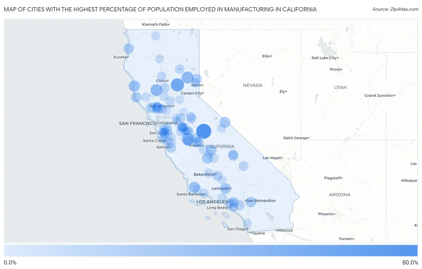 Cities with the Highest Percentage of Population Employed in Manufacturing in California Map