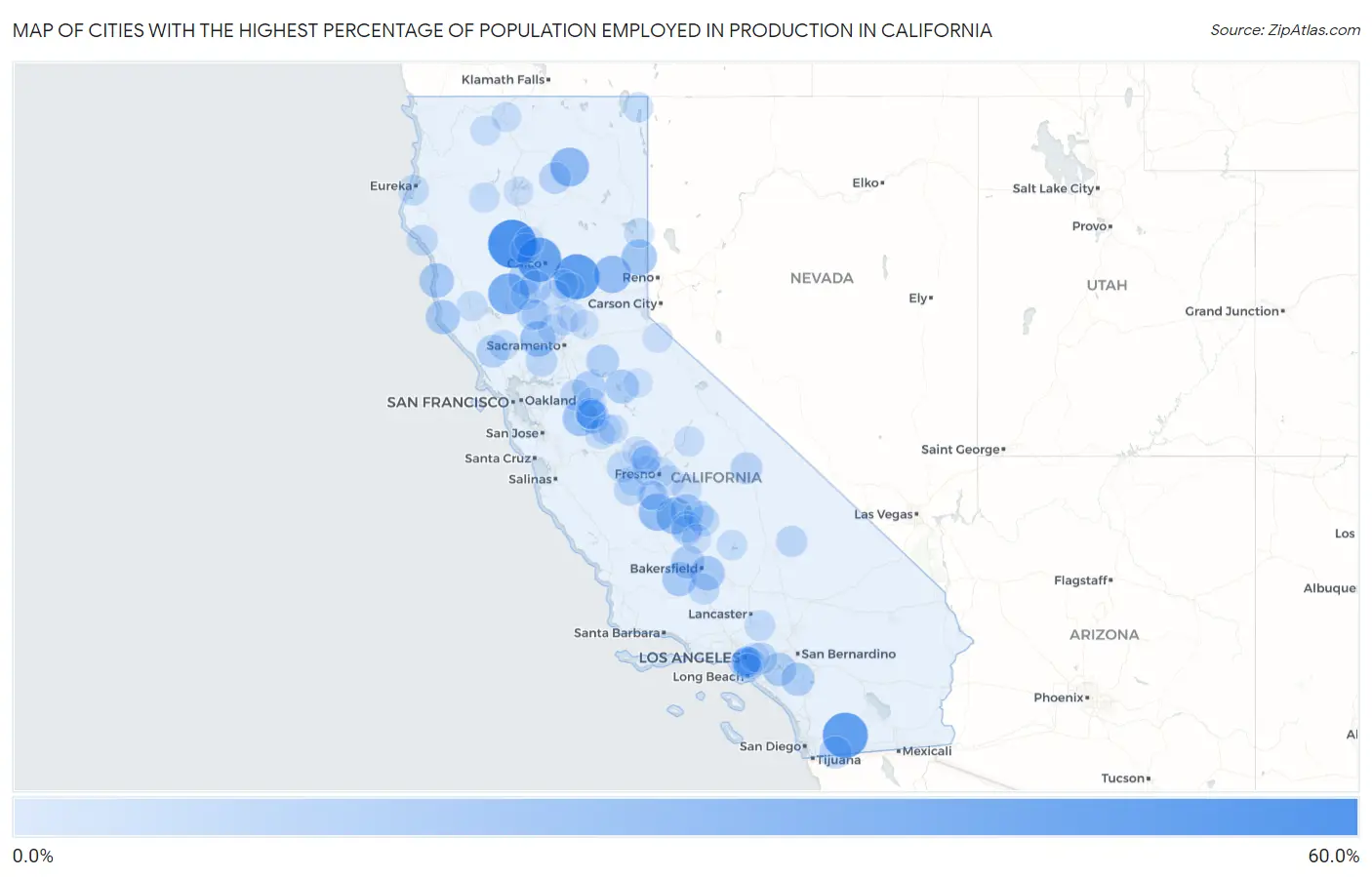 Cities with the Highest Percentage of Population Employed in Production in California Map