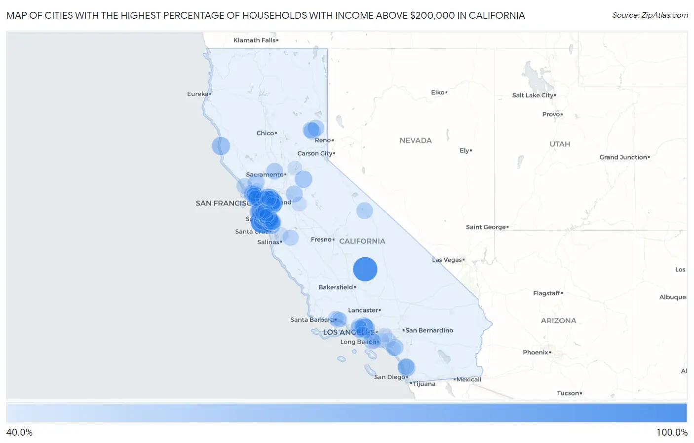 Cities with the Highest Percentage of Households with Income Above $200,000 in California Map