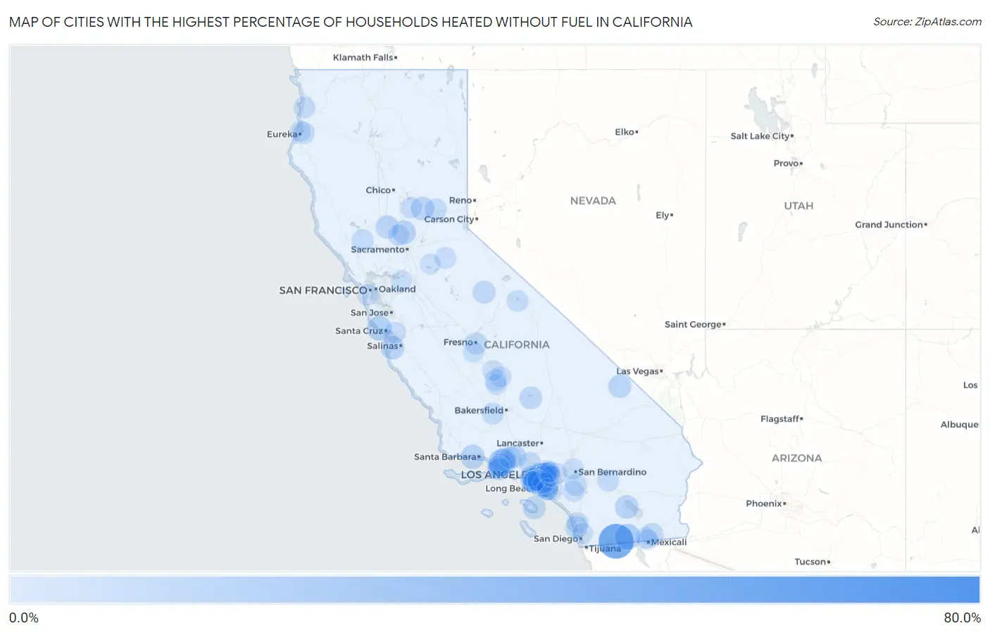 Cities with the Highest Percentage of Households Heated without Fuel in California Map