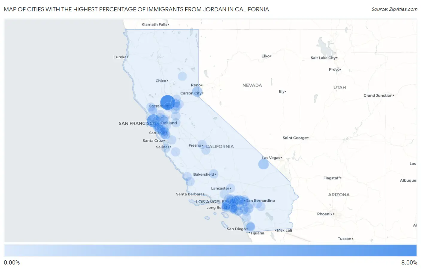 Cities with the Highest Percentage of Immigrants from Jordan in California Map