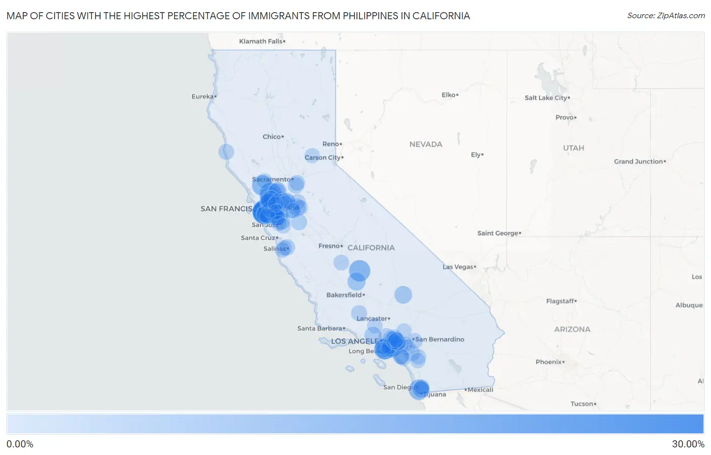 Cities with the Highest Percentage of Immigrants from Philippines in California Map