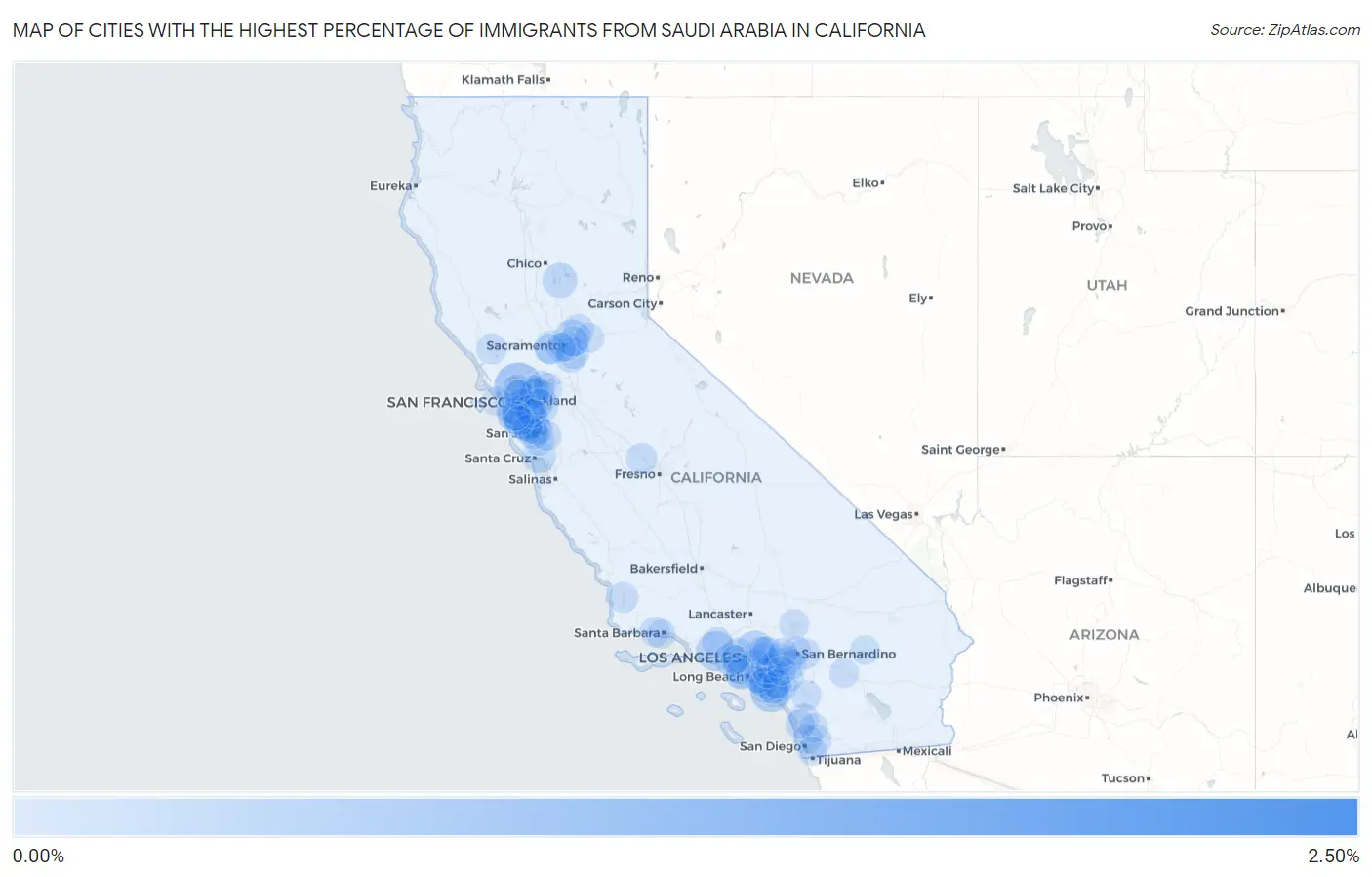 Cities with the Highest Percentage of Immigrants from Saudi Arabia in California Map