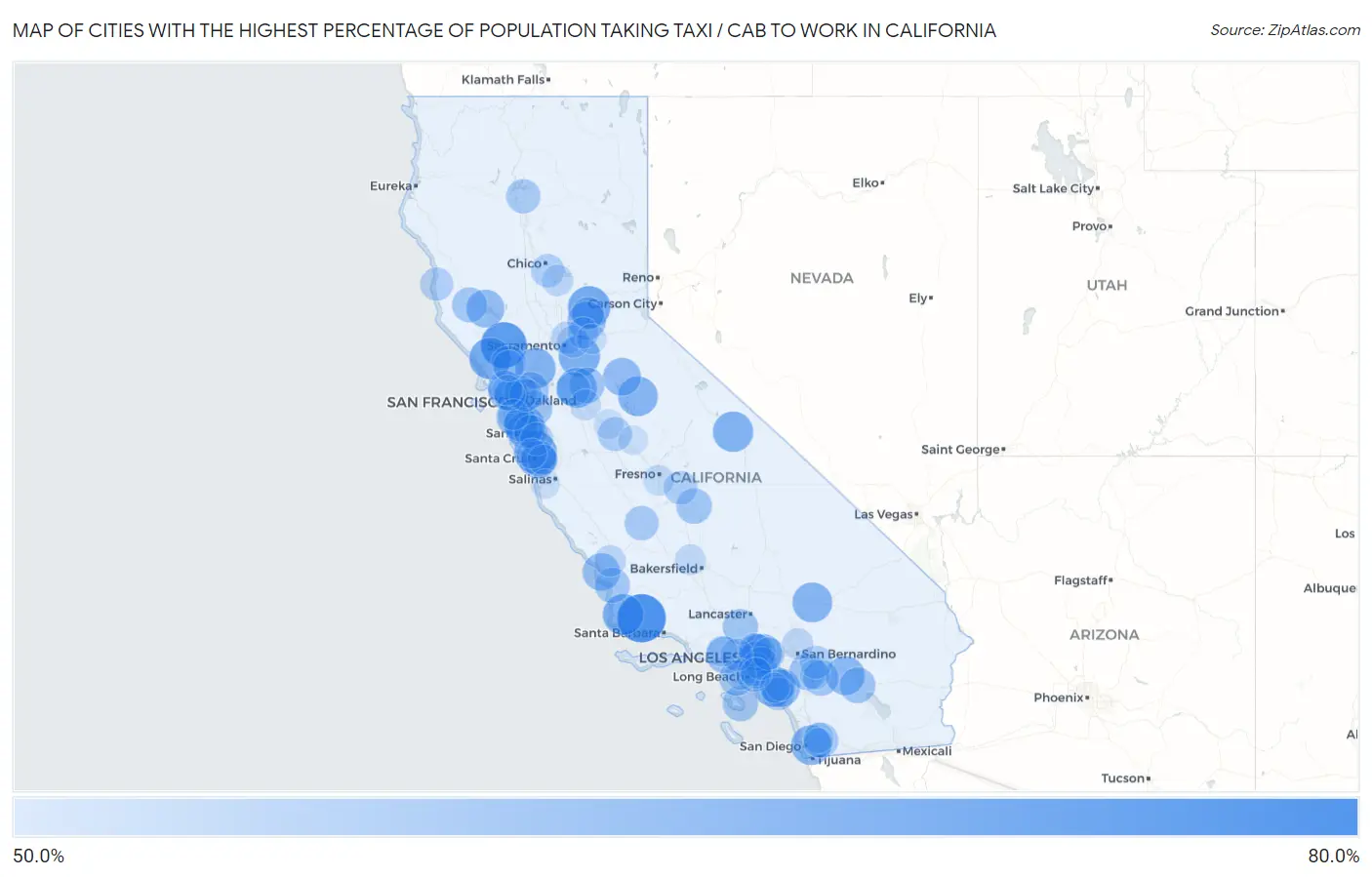 Cities with the Highest Percentage of Population Taking Taxi / Cab to Work in California Map
