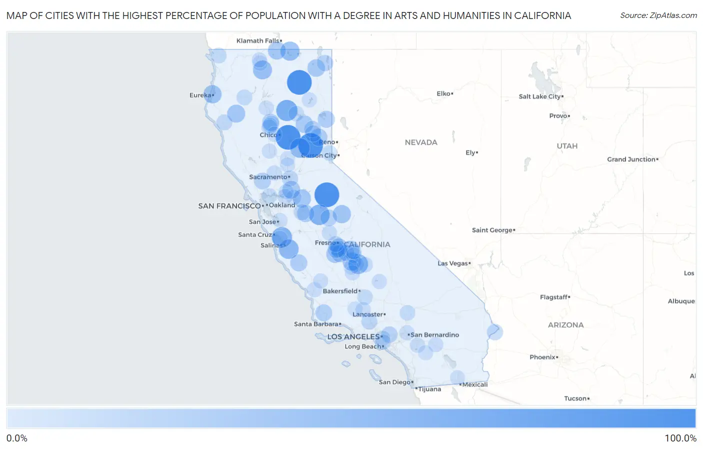 Cities with the Highest Percentage of Population with a Degree in Arts and Humanities in California Map