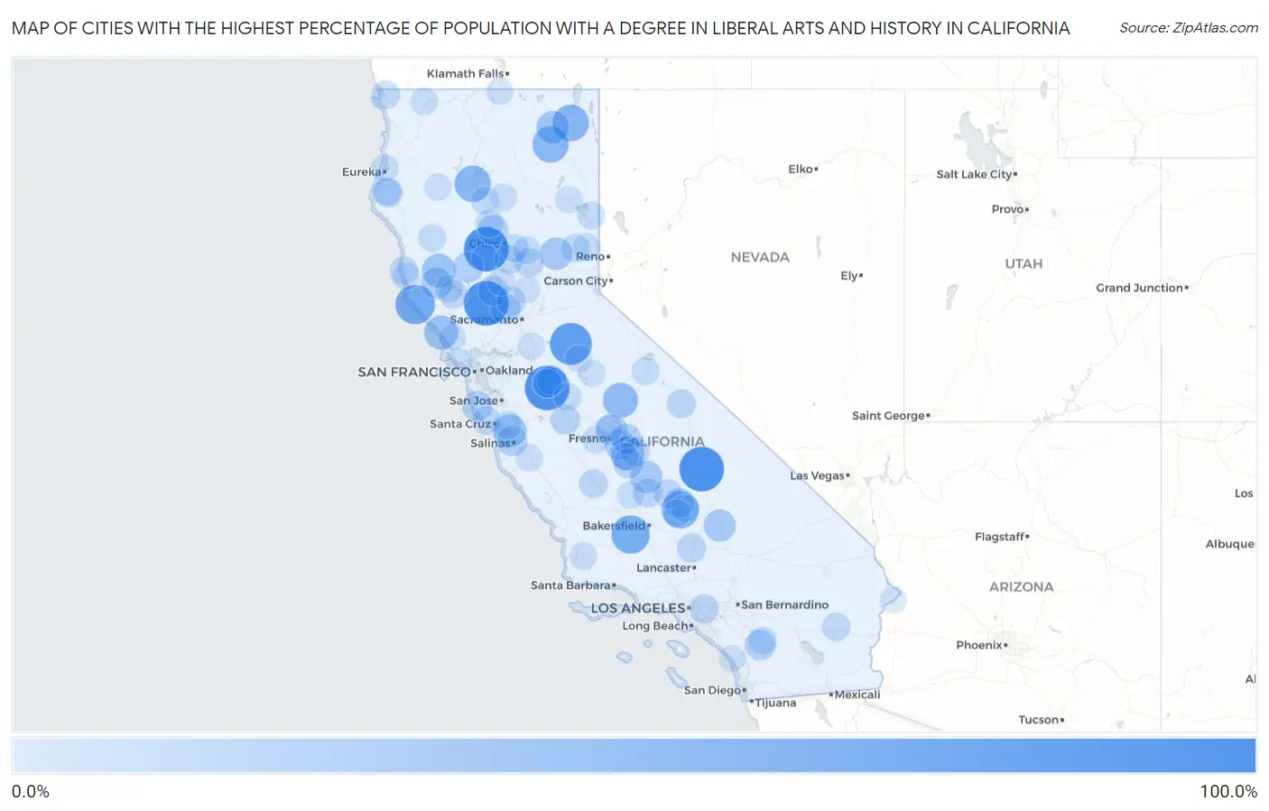 Cities with the Highest Percentage of Population with a Degree in Liberal Arts and History in California Map