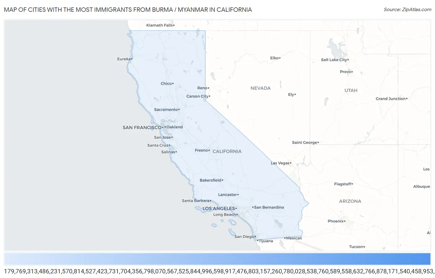 Cities with the Most Immigrants from Burma / Myanmar in California Map