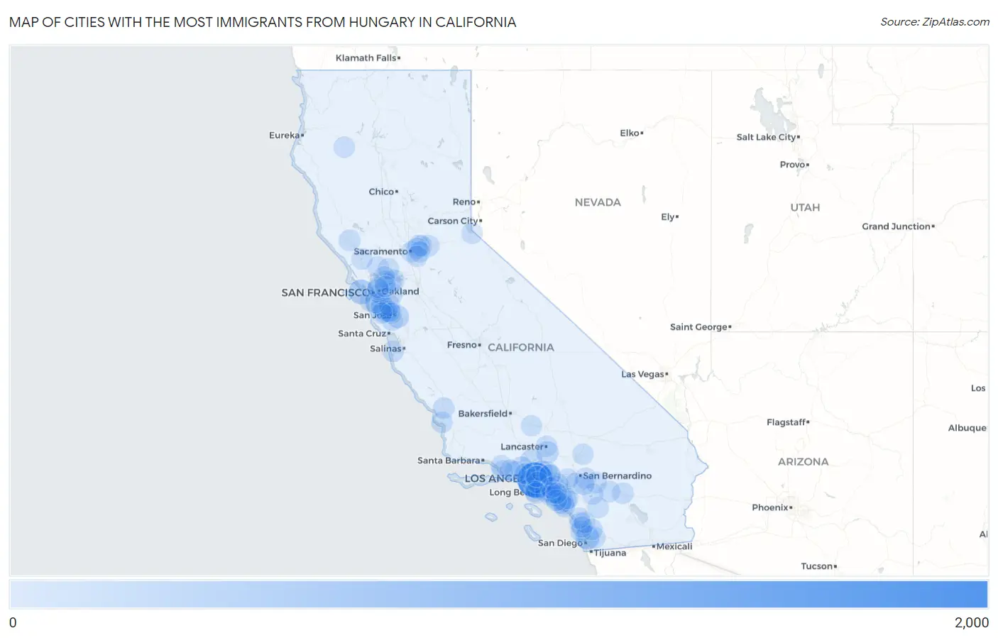 Cities with the Most Immigrants from Hungary in California Map
