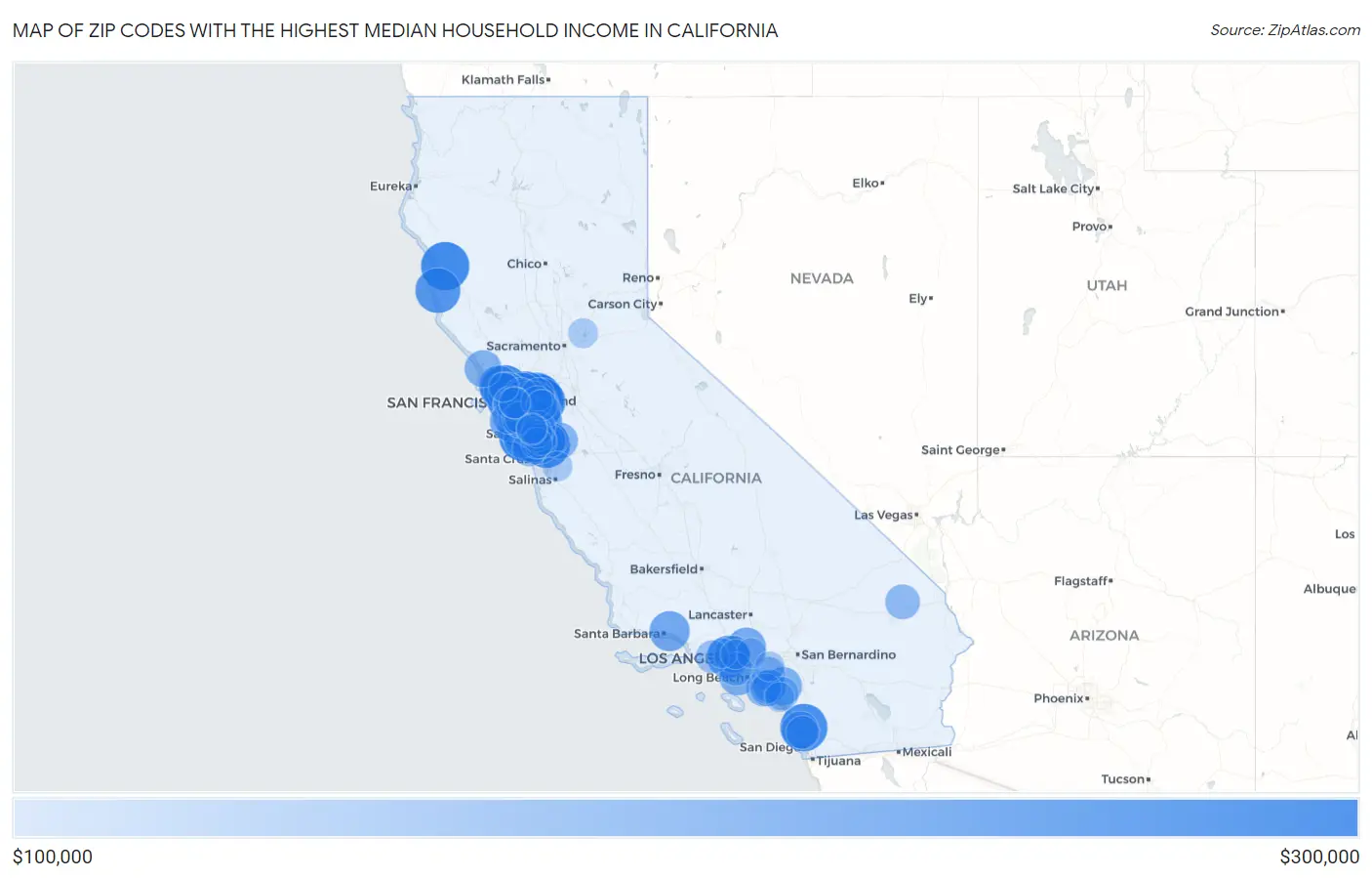 Zip Codes with the Highest Median Household Income in California Map