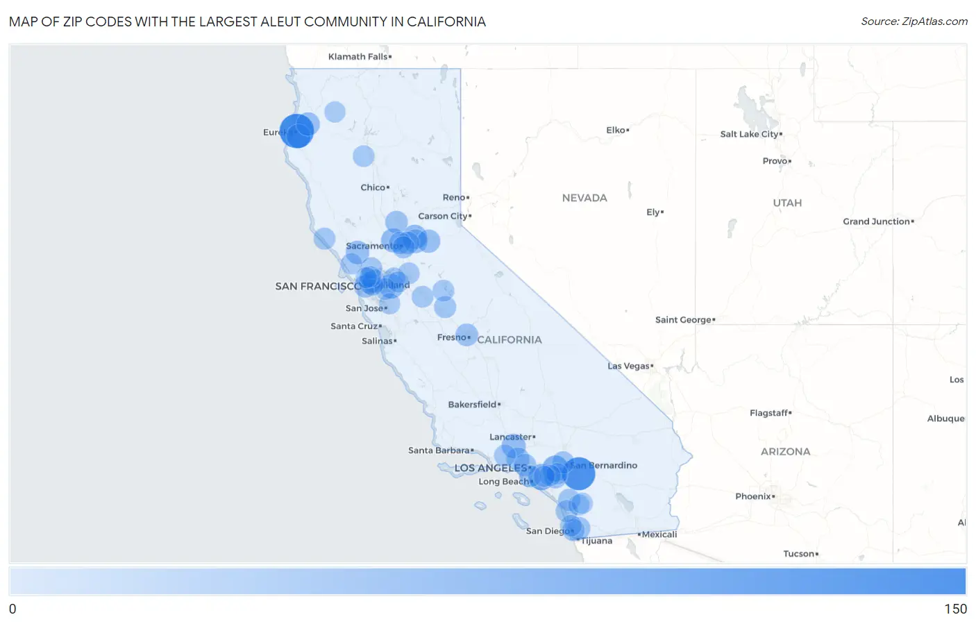 Zip Codes with the Largest Aleut Community in California Map