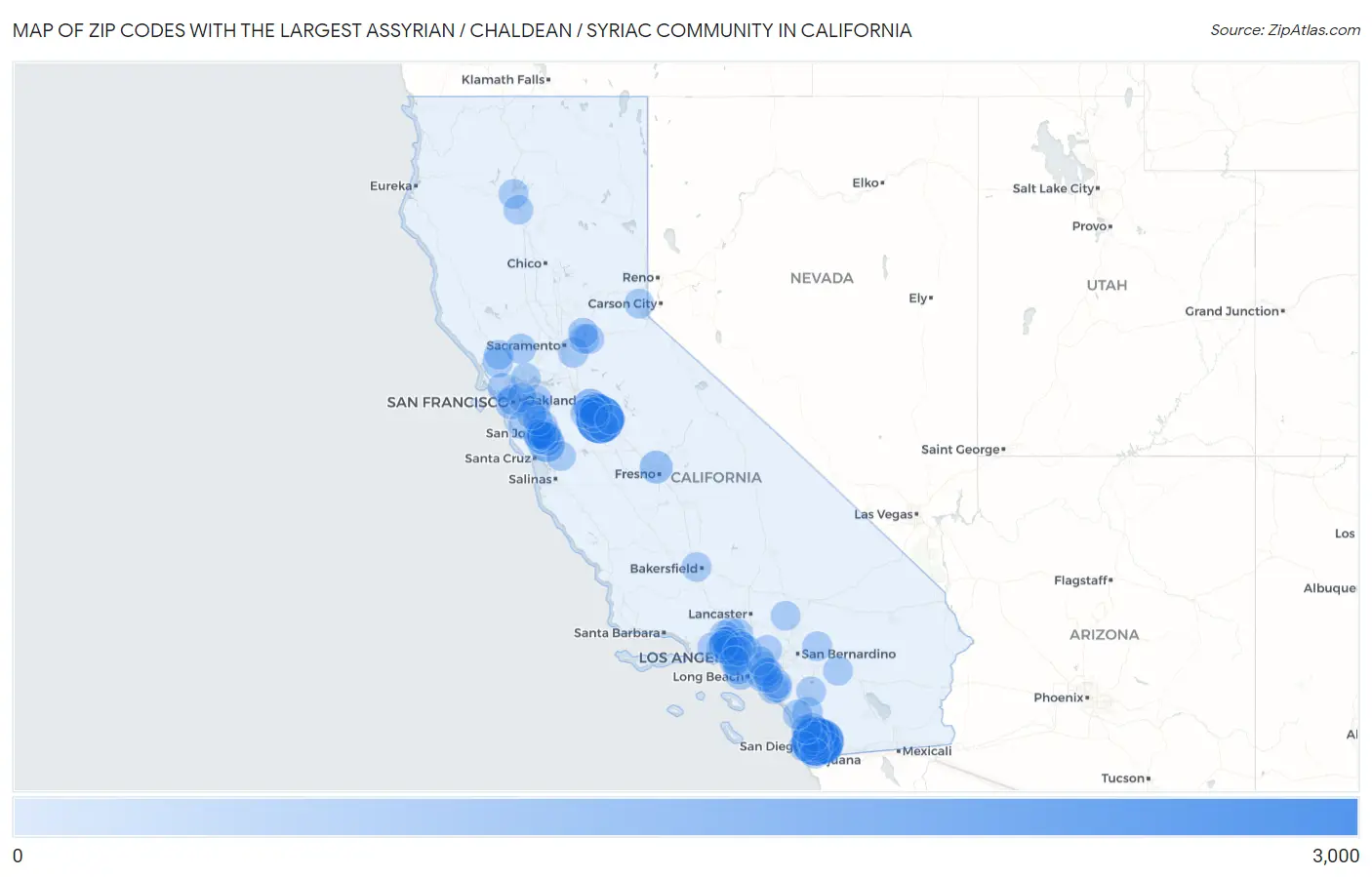 Zip Codes with the Largest Assyrian / Chaldean / Syriac Community in California Map