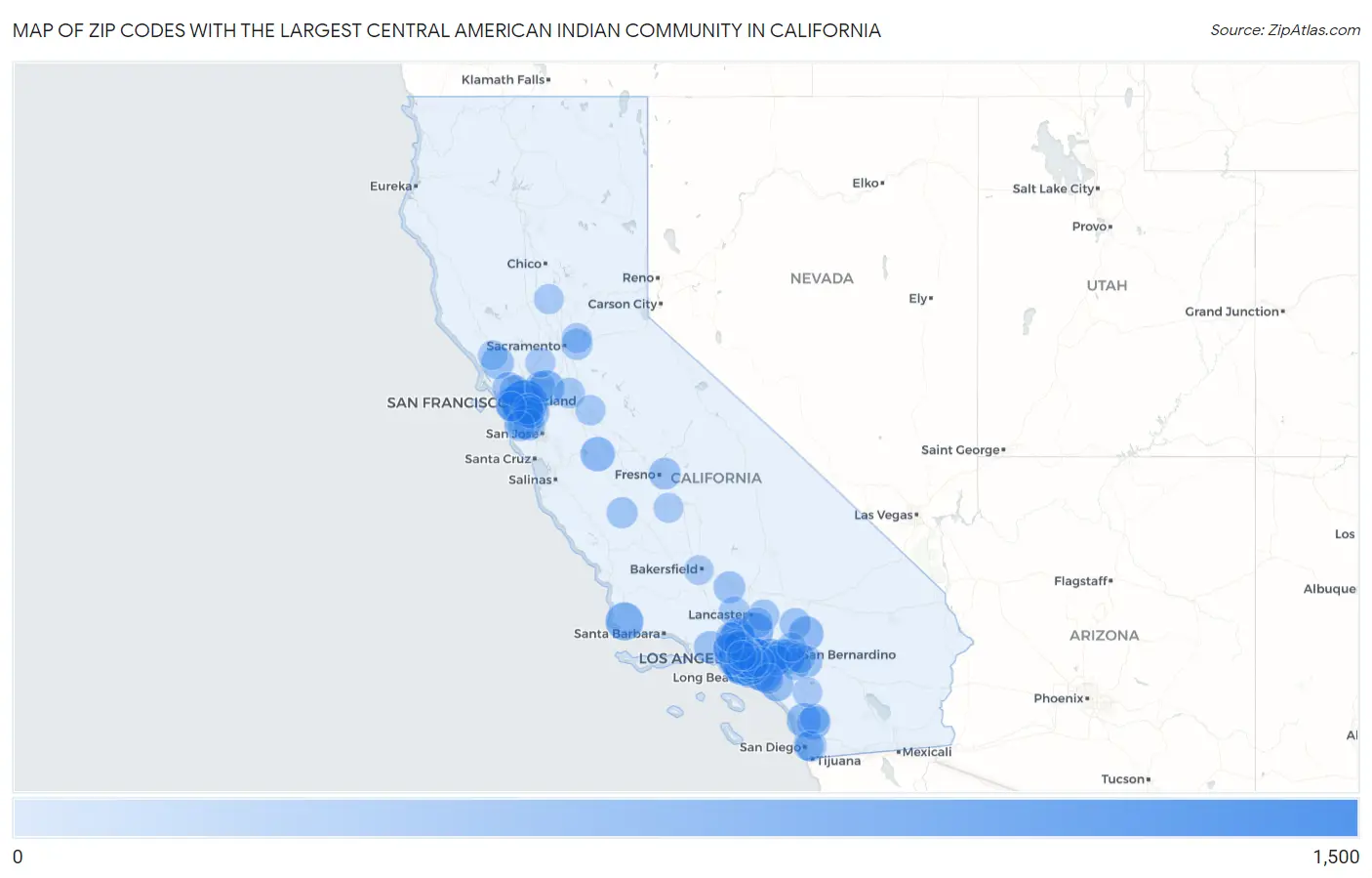 Zip Codes with the Largest Central American Indian Community in California Map