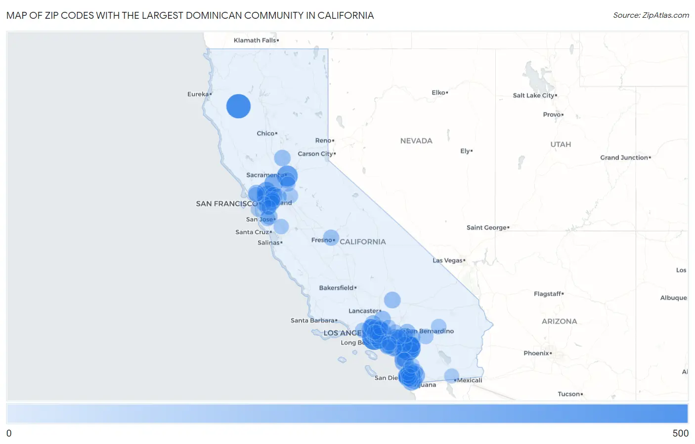 Zip Codes with the Largest Dominican Community in California Map