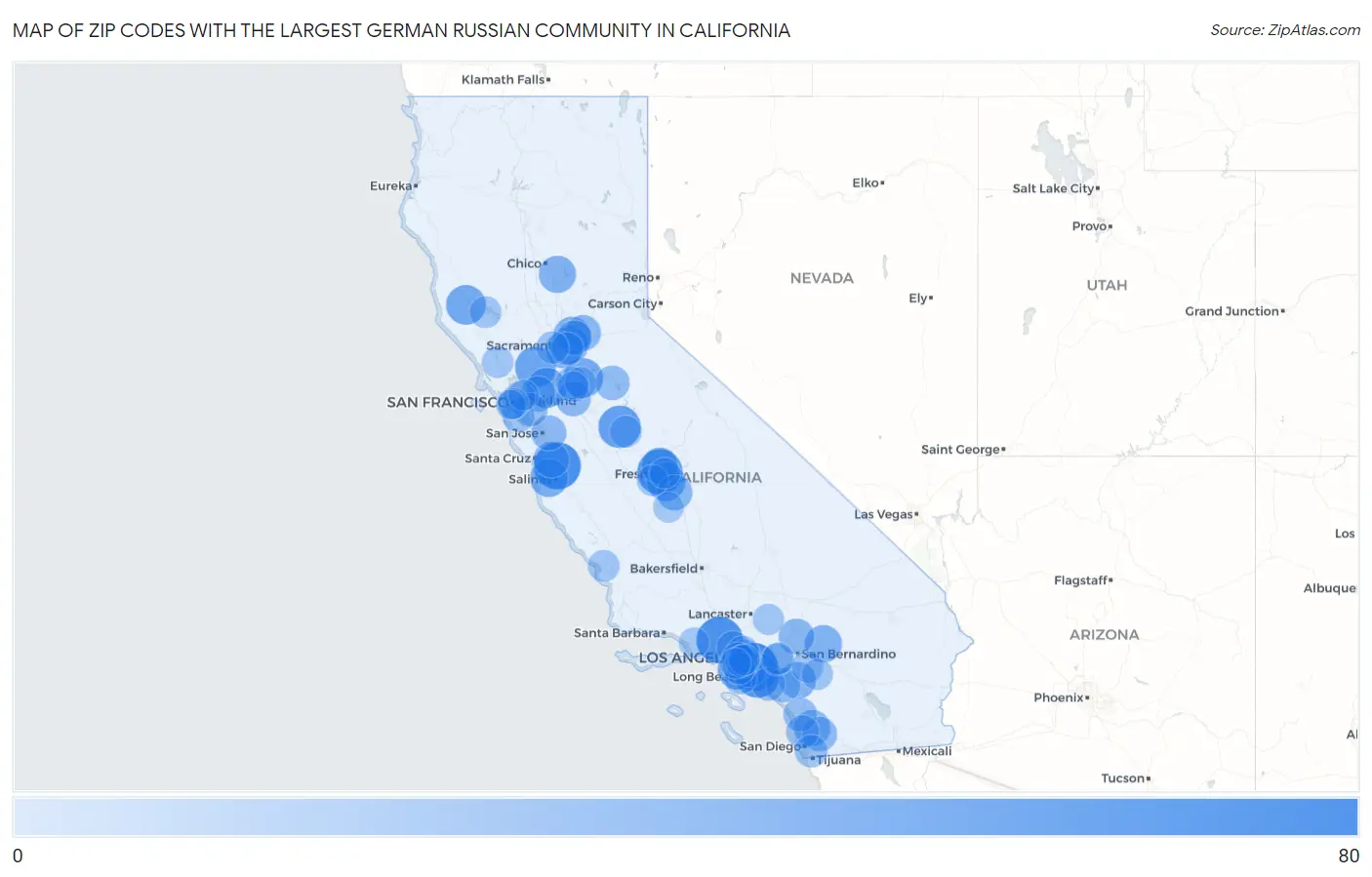 Zip Codes with the Largest German Russian Community in California Map