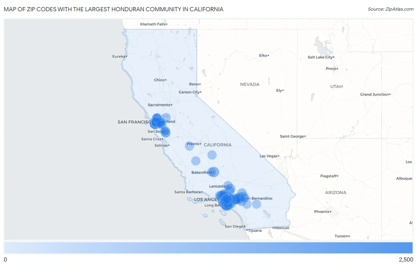 Zip Codes with the Largest Honduran Community in California Map