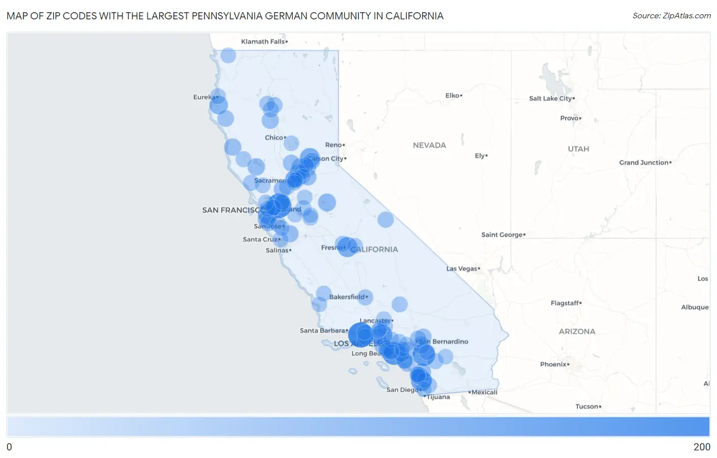 Zip Codes with the Largest Pennsylvania German Community in California Map