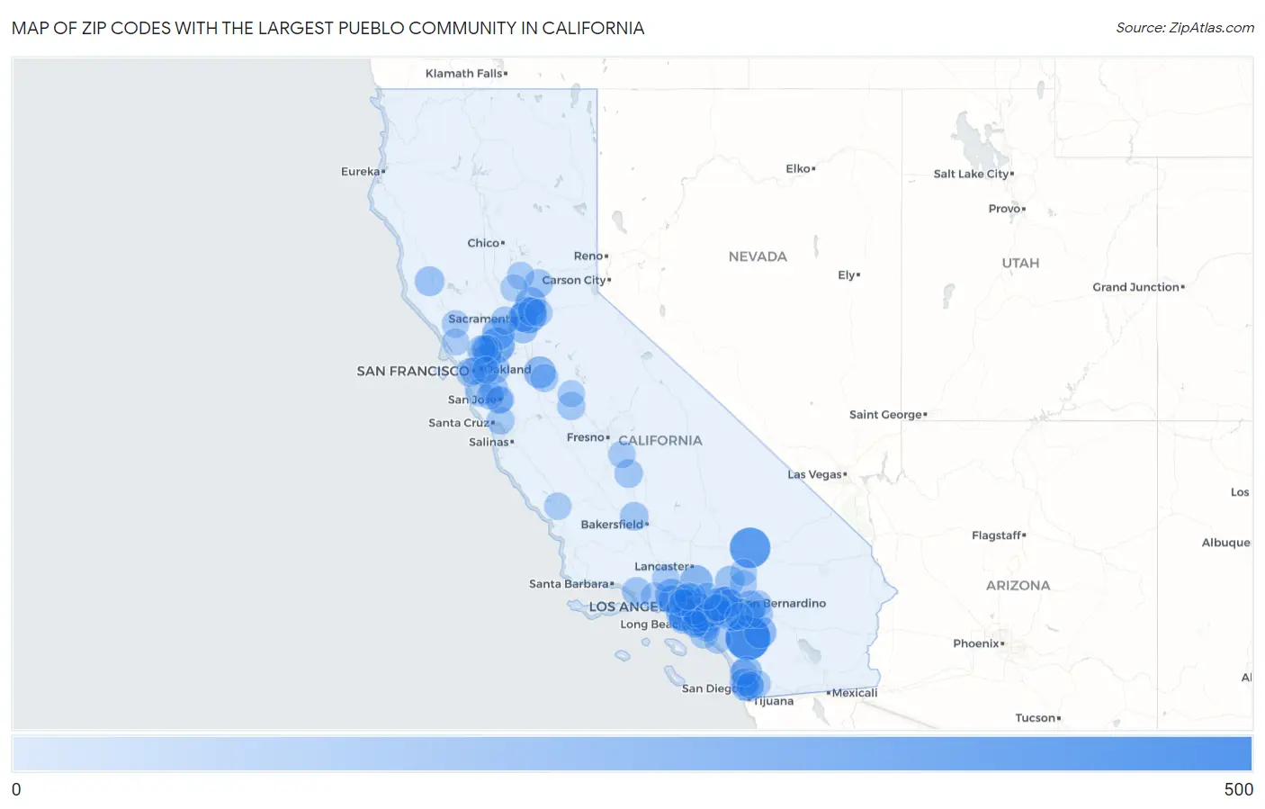 Zip Codes with the Largest Pueblo Community in California Map