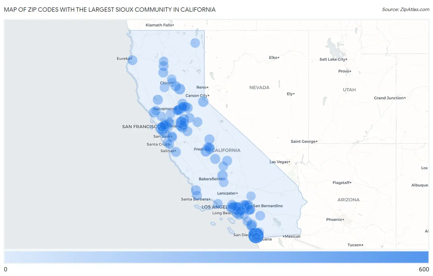 Zip Codes with the Largest Sioux Community in California Map