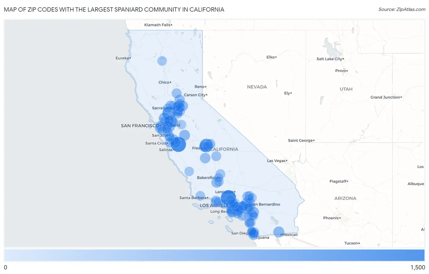 Zip Codes with the Largest Spaniard Community in California Map