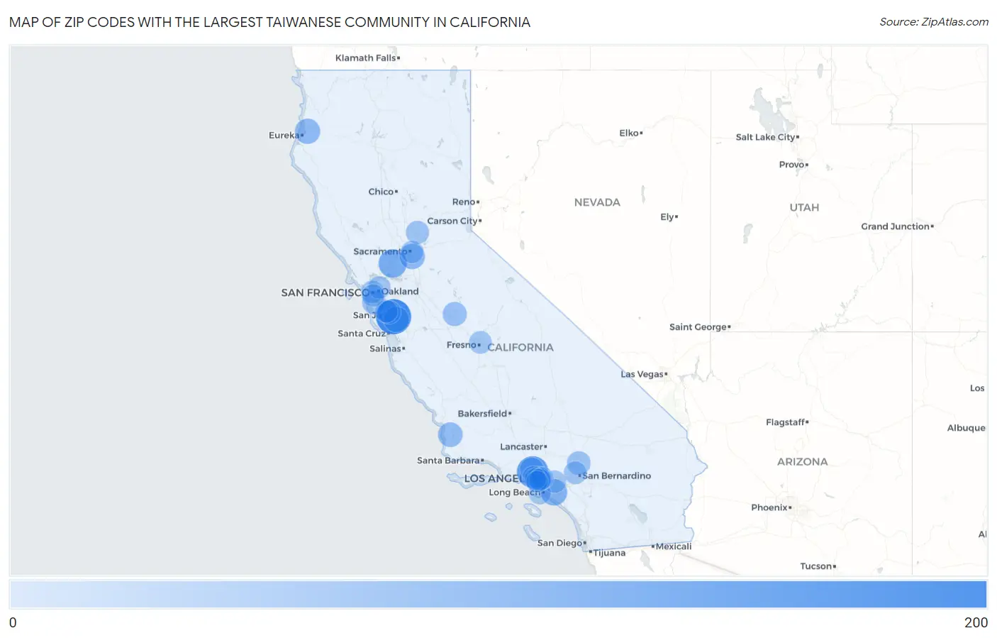 Zip Codes with the Largest Taiwanese Community in California Map