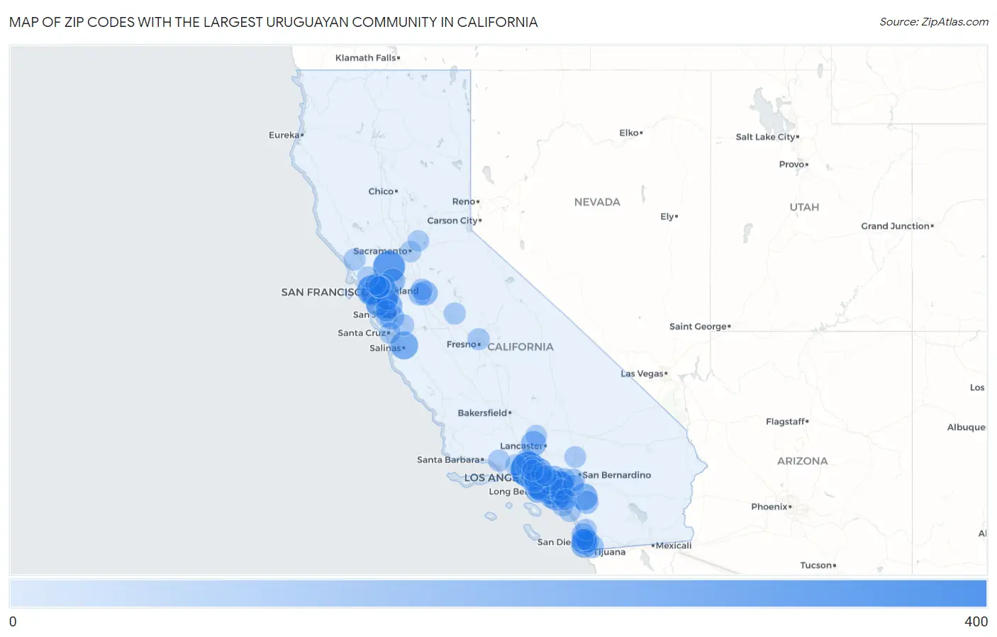 Zip Codes with the Largest Uruguayan Community in California Map