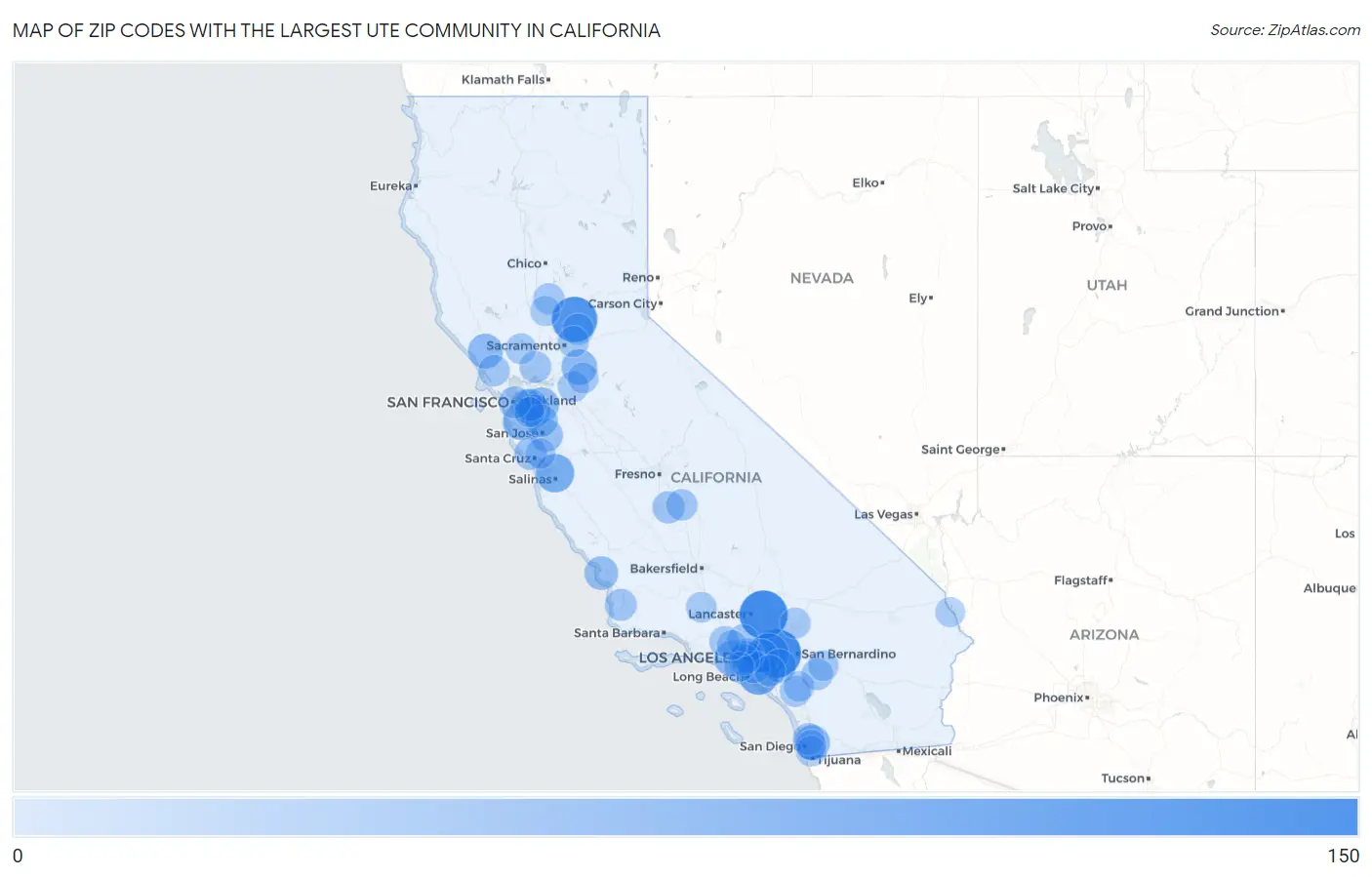 Zip Codes with the Largest Ute Community in California Map