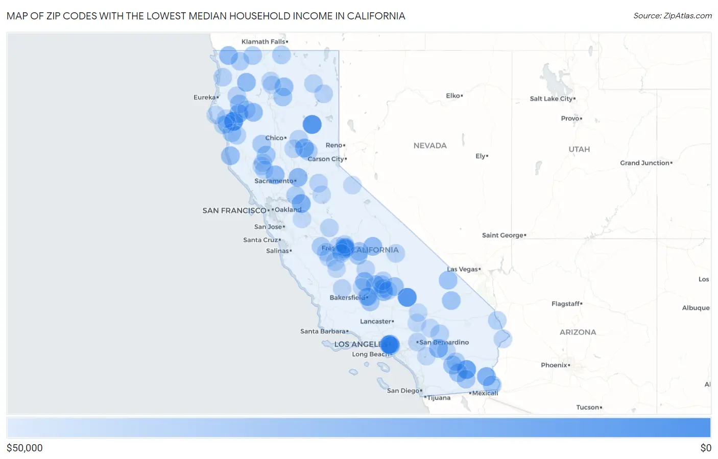 Zip Codes with the Lowest Median Household Income in California Map