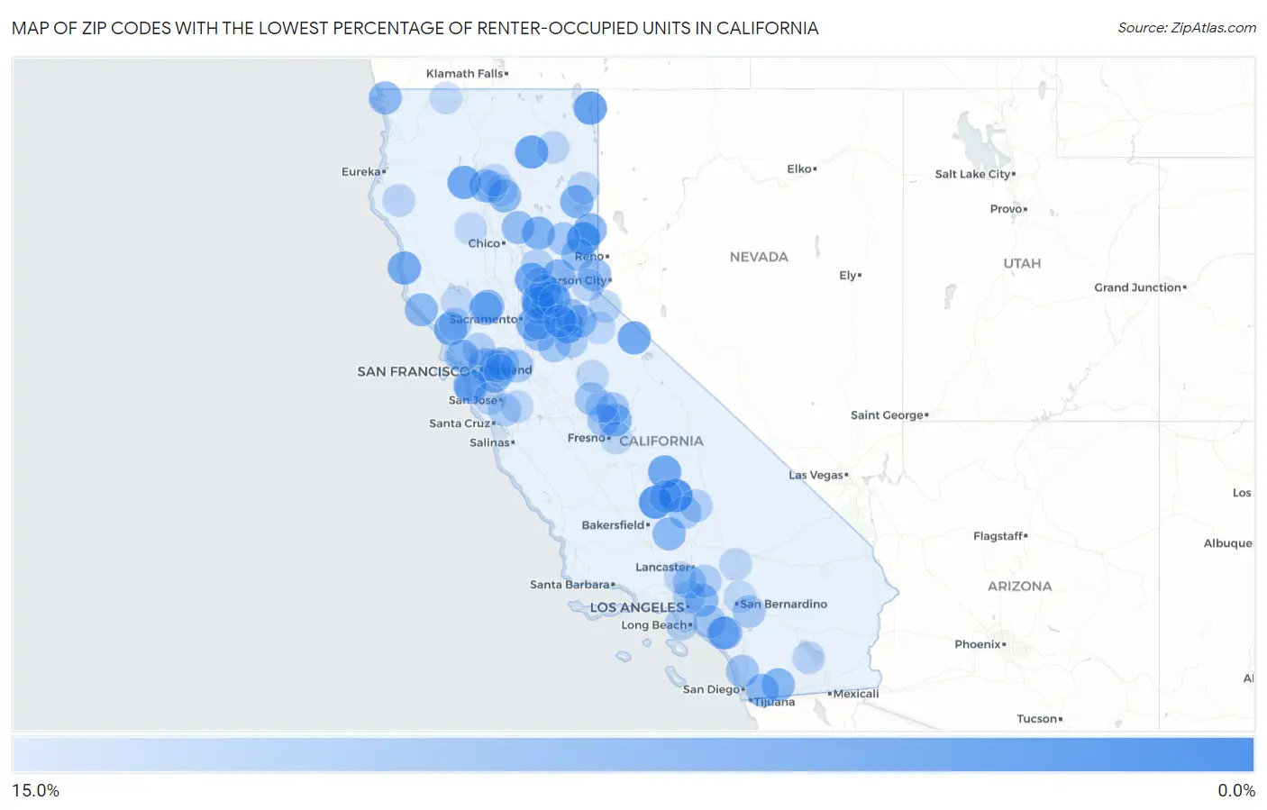Zip Codes with the Lowest Percentage of Renter-Occupied Units in California Map