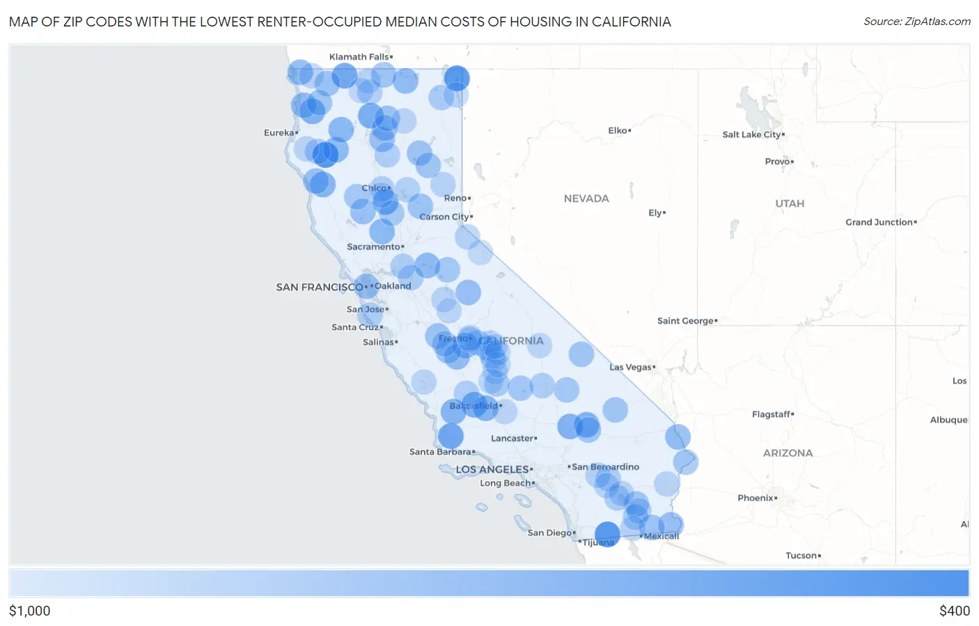 Zip Codes with the Lowest Renter-Occupied Median Costs of Housing in California Map