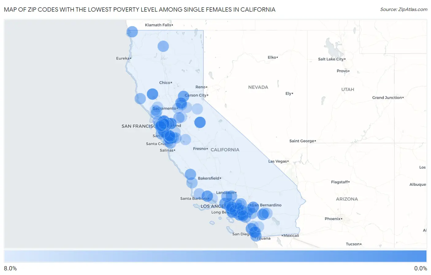 Zip Codes with the Lowest Poverty Level Among Single Females in California Map