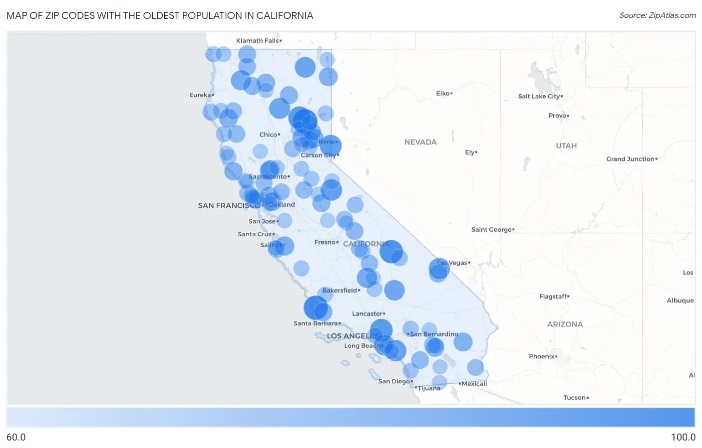 Zip Codes with the Oldest Population in California Map