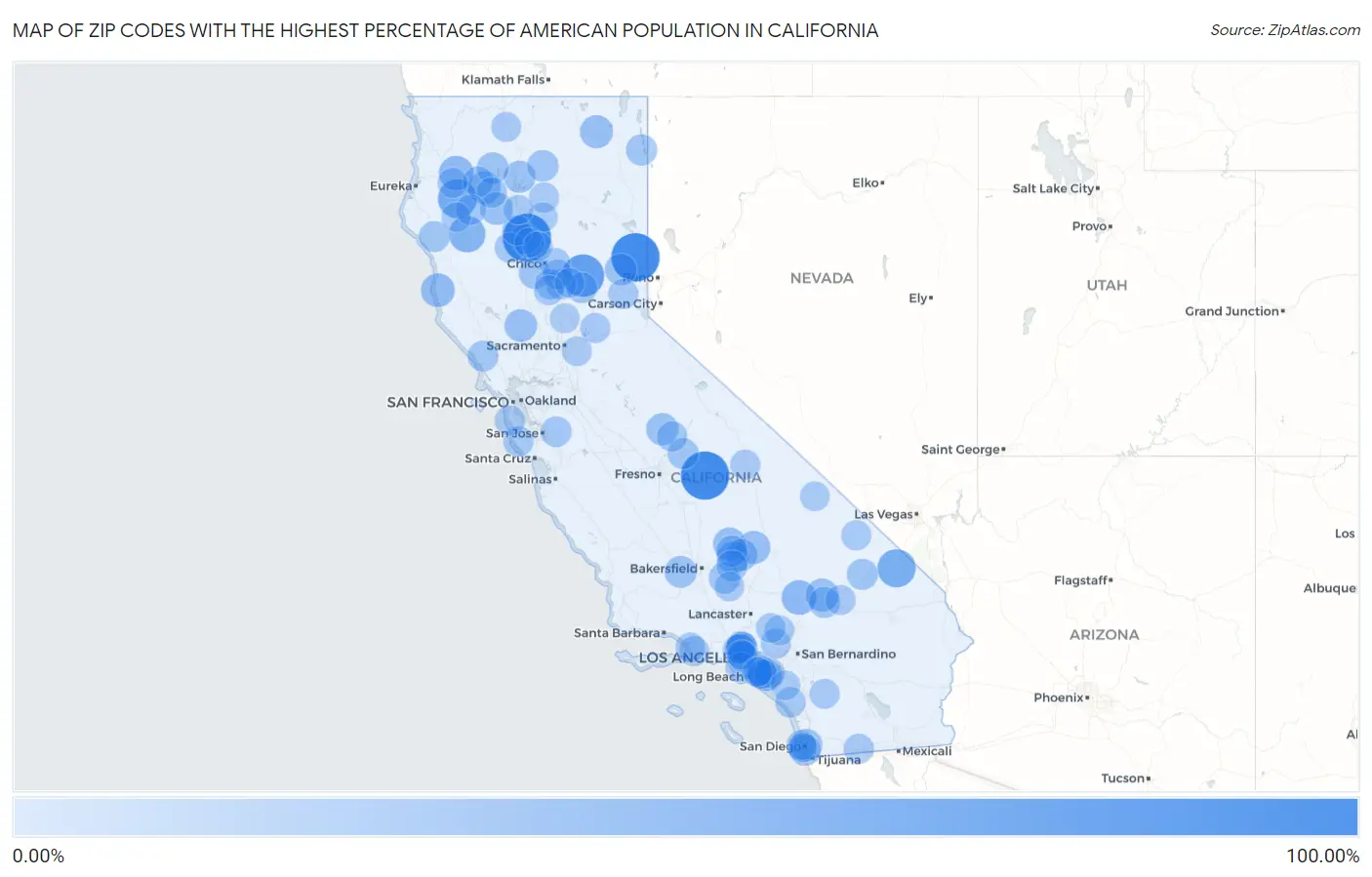 Zip Codes with the Highest Percentage of American Population in California Map