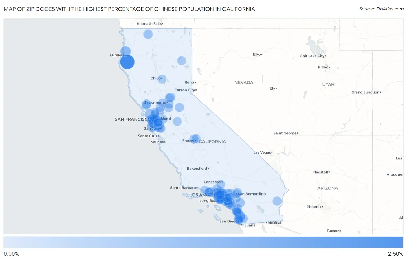 Zip Codes with the Highest Percentage of Chinese Population in California Map