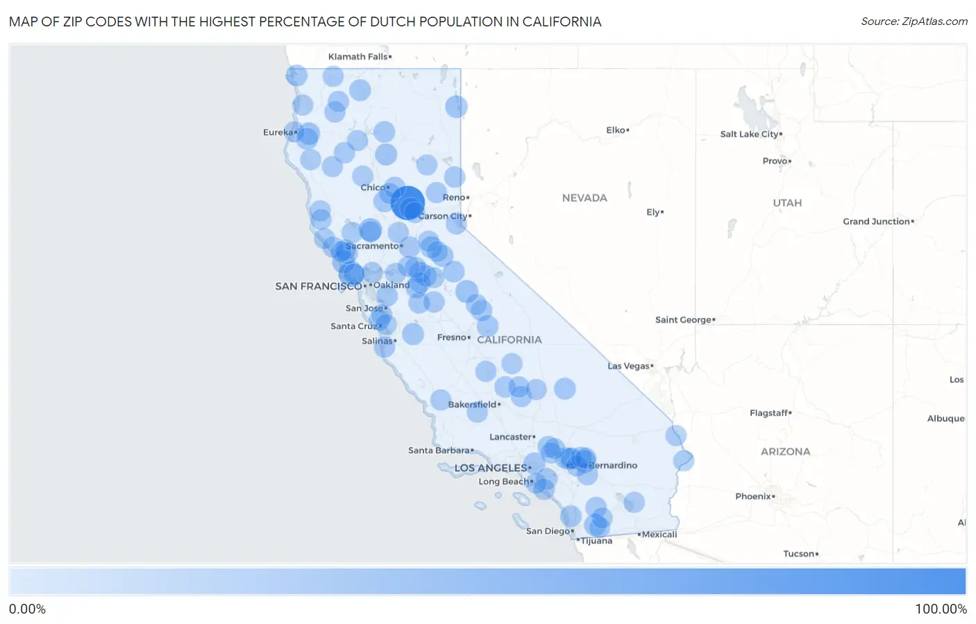 Zip Codes with the Highest Percentage of Dutch Population in California Map
