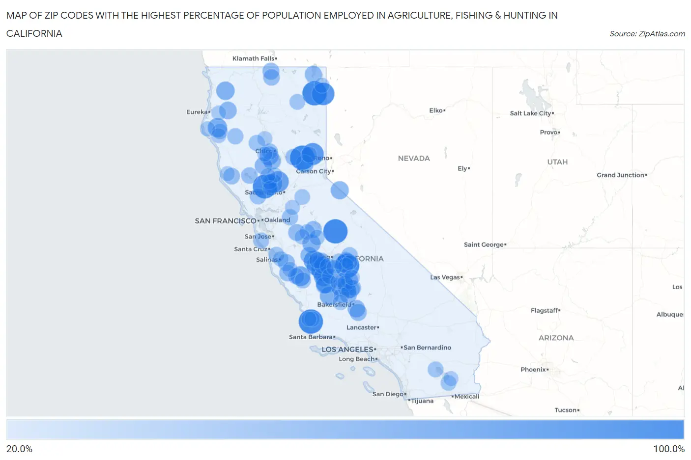 Zip Codes with the Highest Percentage of Population Employed in Agriculture, Fishing & Hunting in California Map
