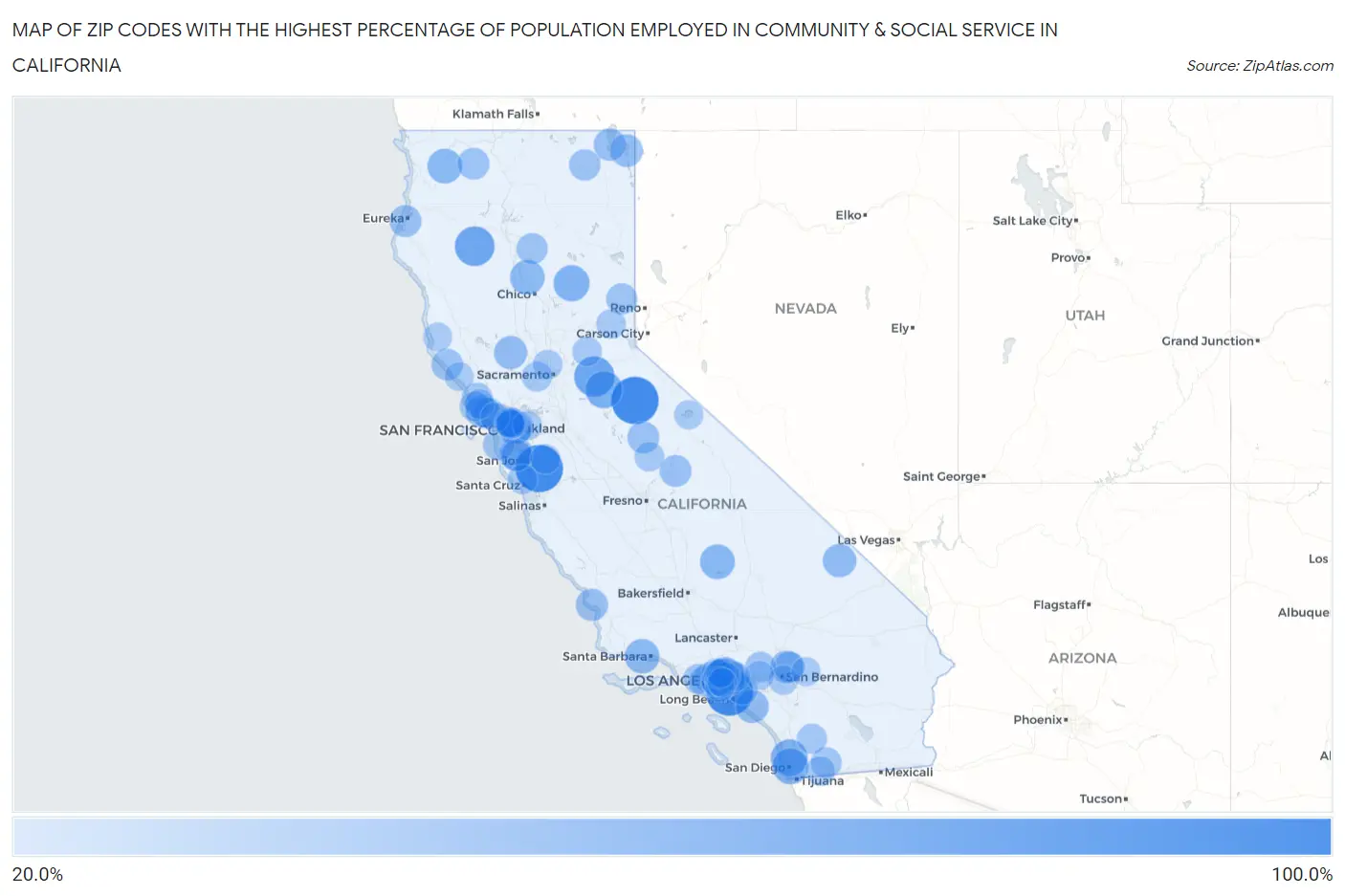 Zip Codes with the Highest Percentage of Population Employed in Community & Social Service  in California Map
