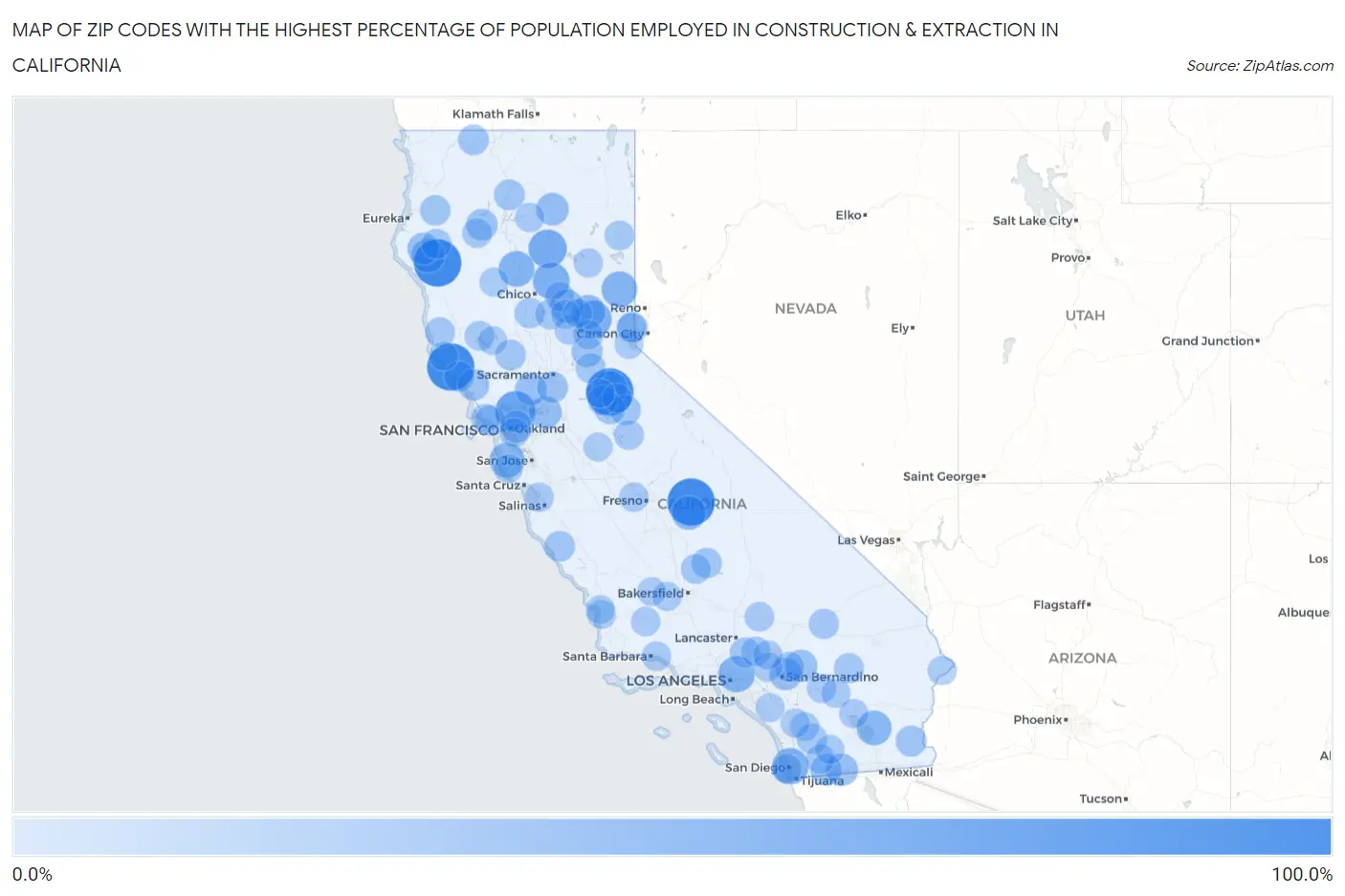 Zip Codes with the Highest Percentage of Population Employed in Construction & Extraction in California Map