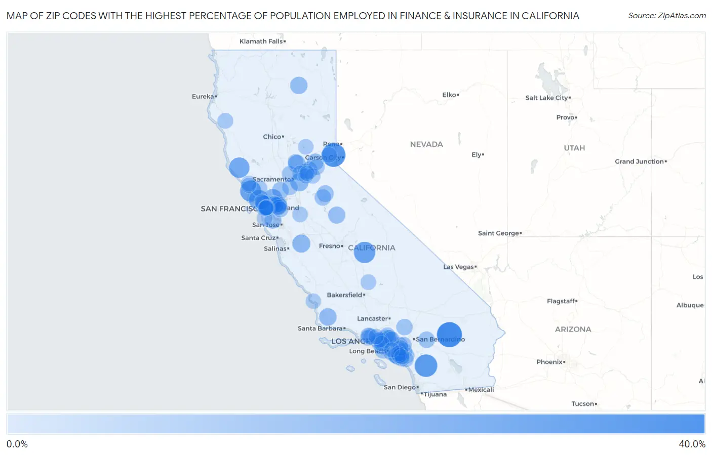 Zip Codes with the Highest Percentage of Population Employed in Finance & Insurance in California Map