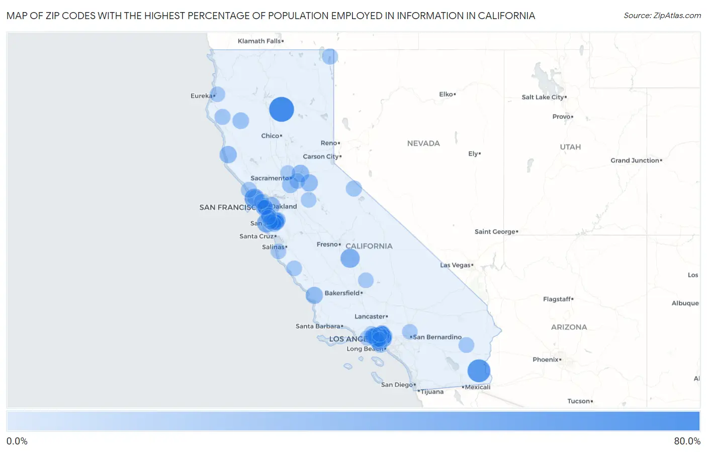 Zip Codes with the Highest Percentage of Population Employed in Information in California Map