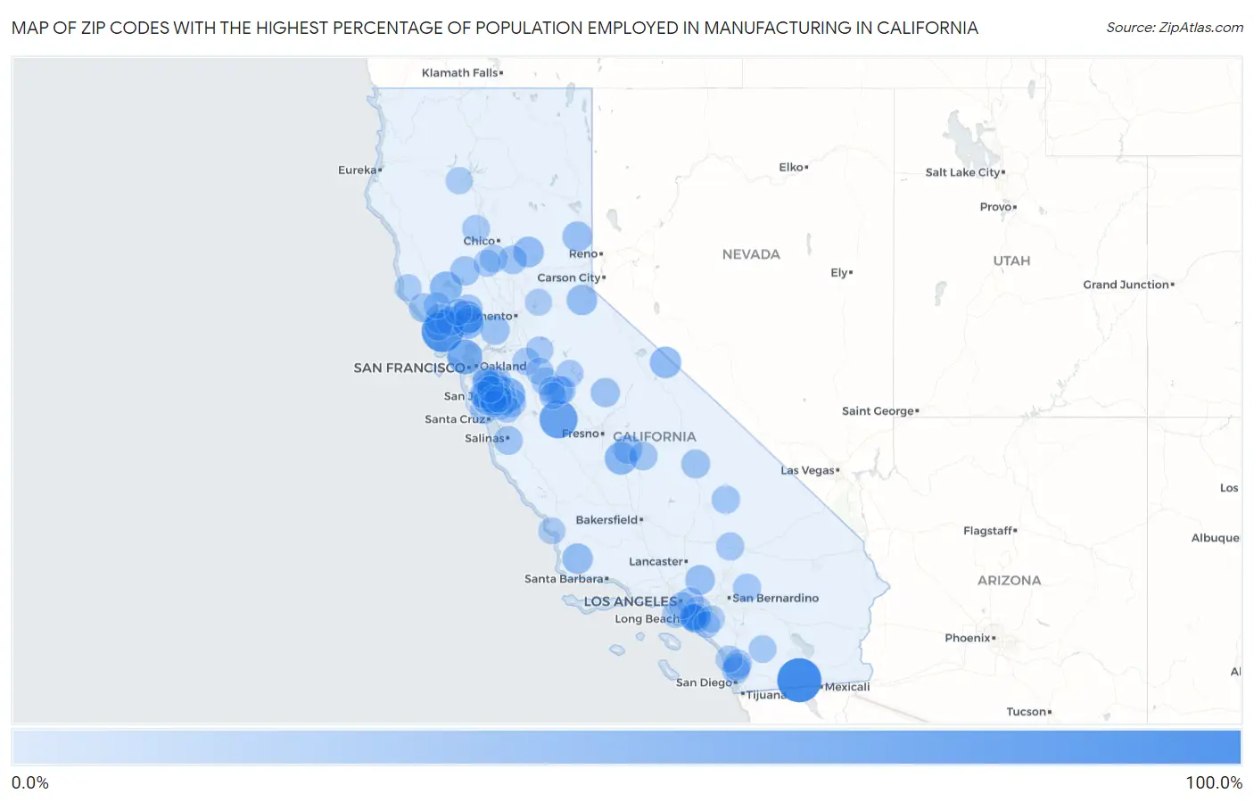 Zip Codes with the Highest Percentage of Population Employed in Manufacturing in California Map