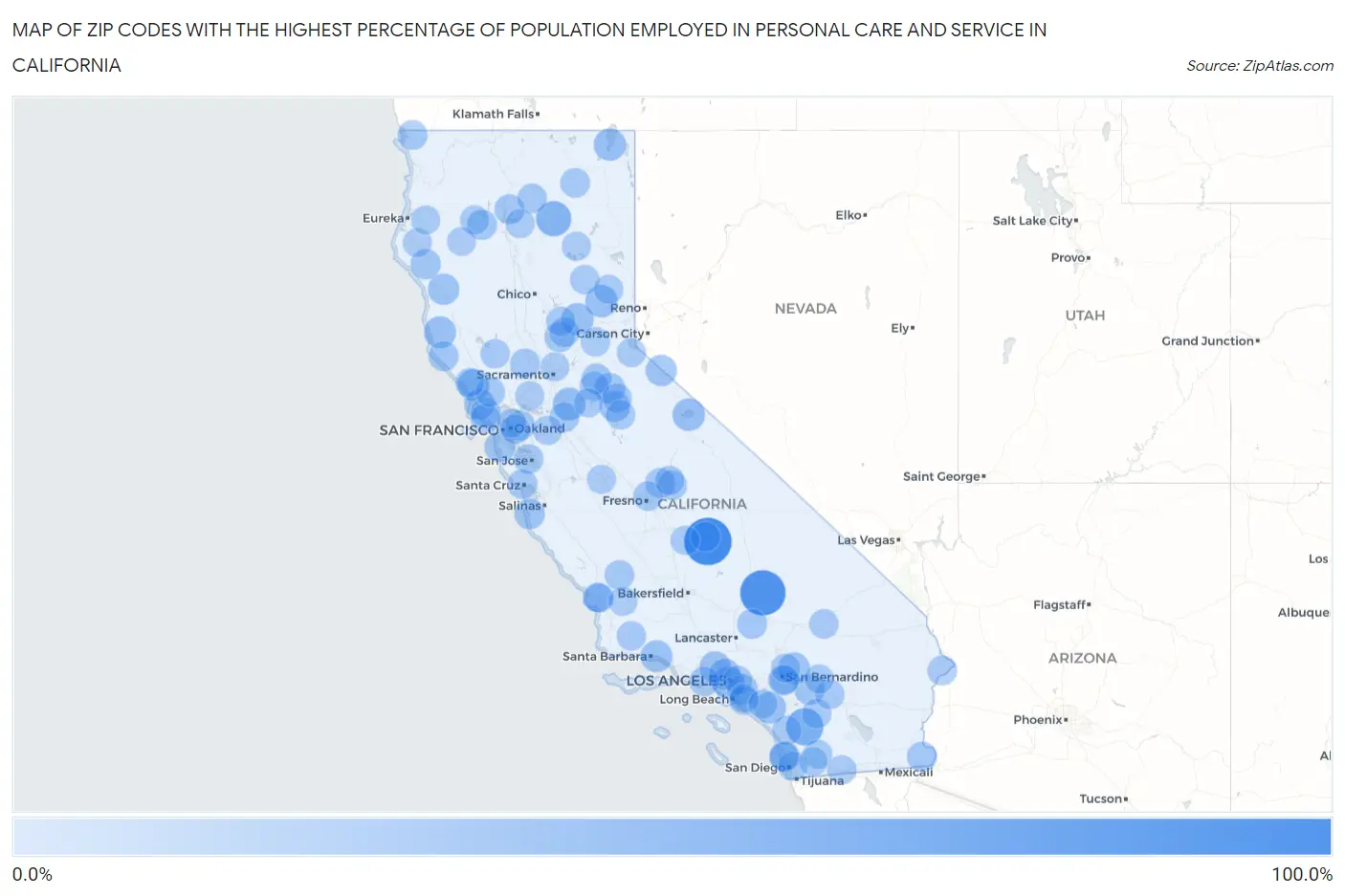 Zip Codes with the Highest Percentage of Population Employed in Personal Care and Service in California Map