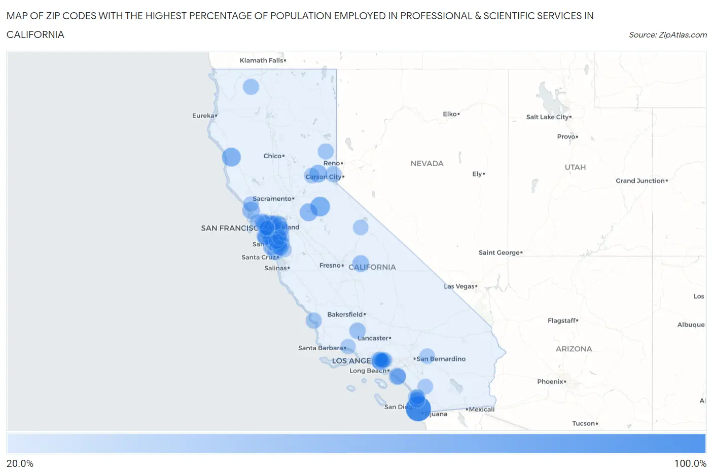 Zip Codes with the Highest Percentage of Population Employed in Professional & Scientific Services in California Map