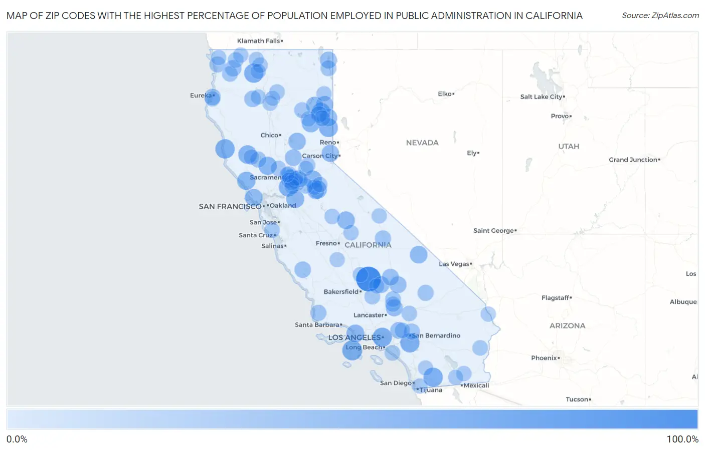 Zip Codes with the Highest Percentage of Population Employed in Public Administration in California Map