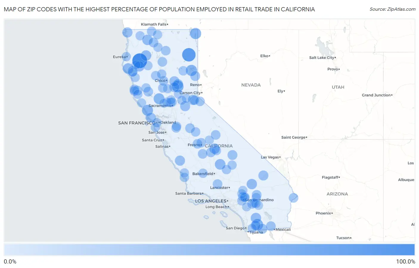 Zip Codes with the Highest Percentage of Population Employed in Retail Trade in California Map