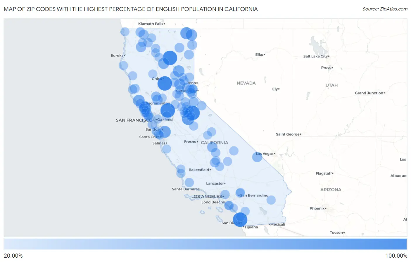 Zip Codes with the Highest Percentage of English Population in California Map