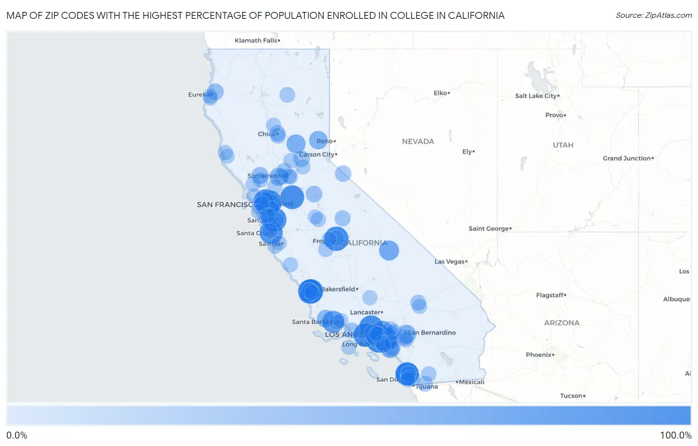 Zip Codes with the Highest Percentage of Population Enrolled in College in California Map
