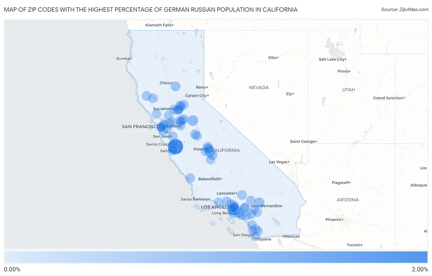 Zip Codes with the Highest Percentage of German Russian Population in California Map