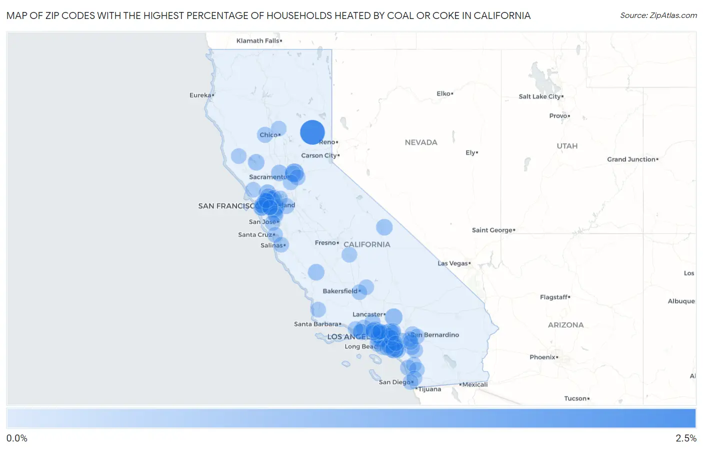 Zip Codes with the Highest Percentage of Households Heated by Coal or Coke in California Map