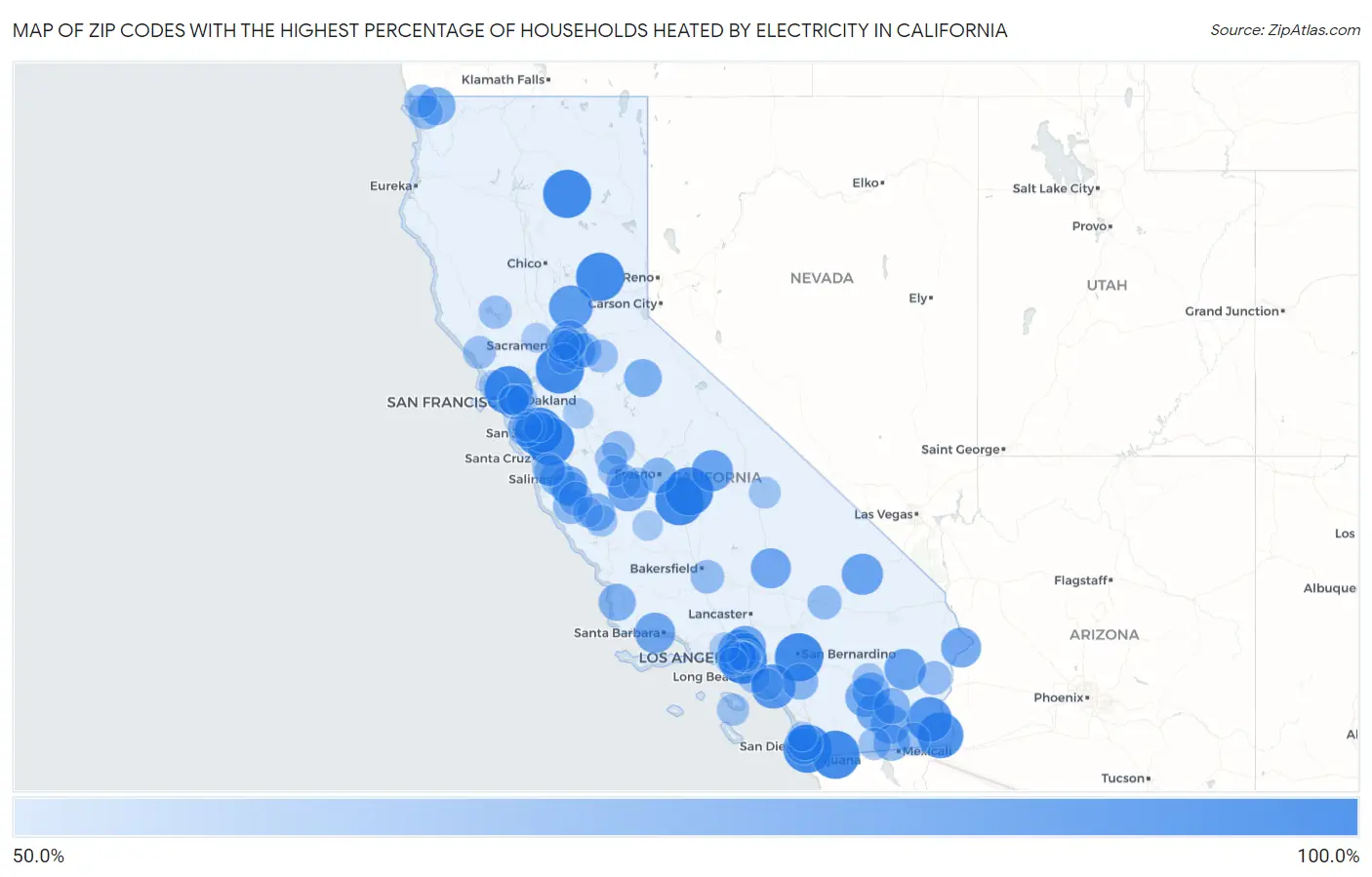 Zip Codes with the Highest Percentage of Households Heated by Electricity in California Map