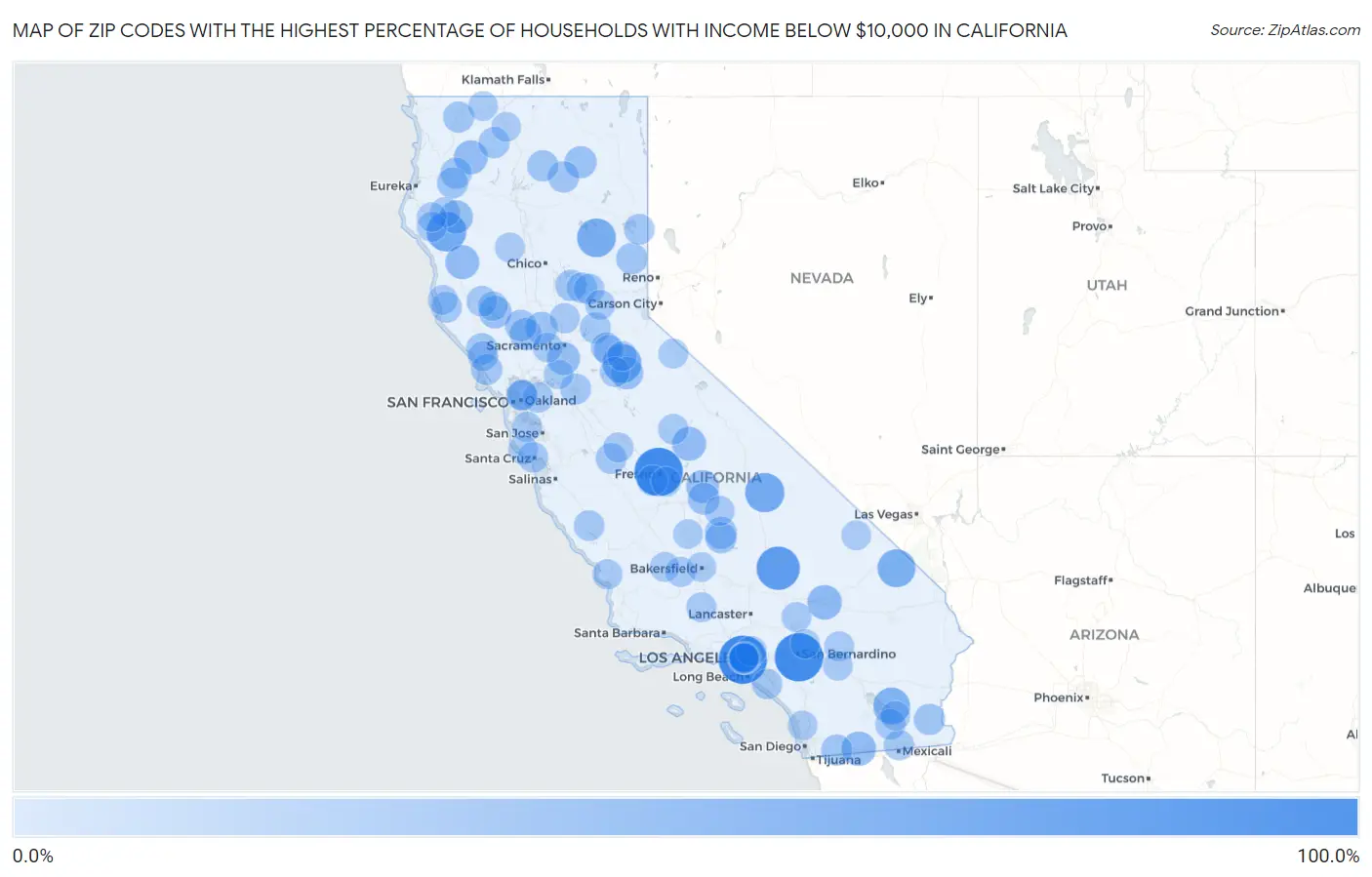 Zip Codes with the Highest Percentage of Households with Income Below $10,000 in California Map
